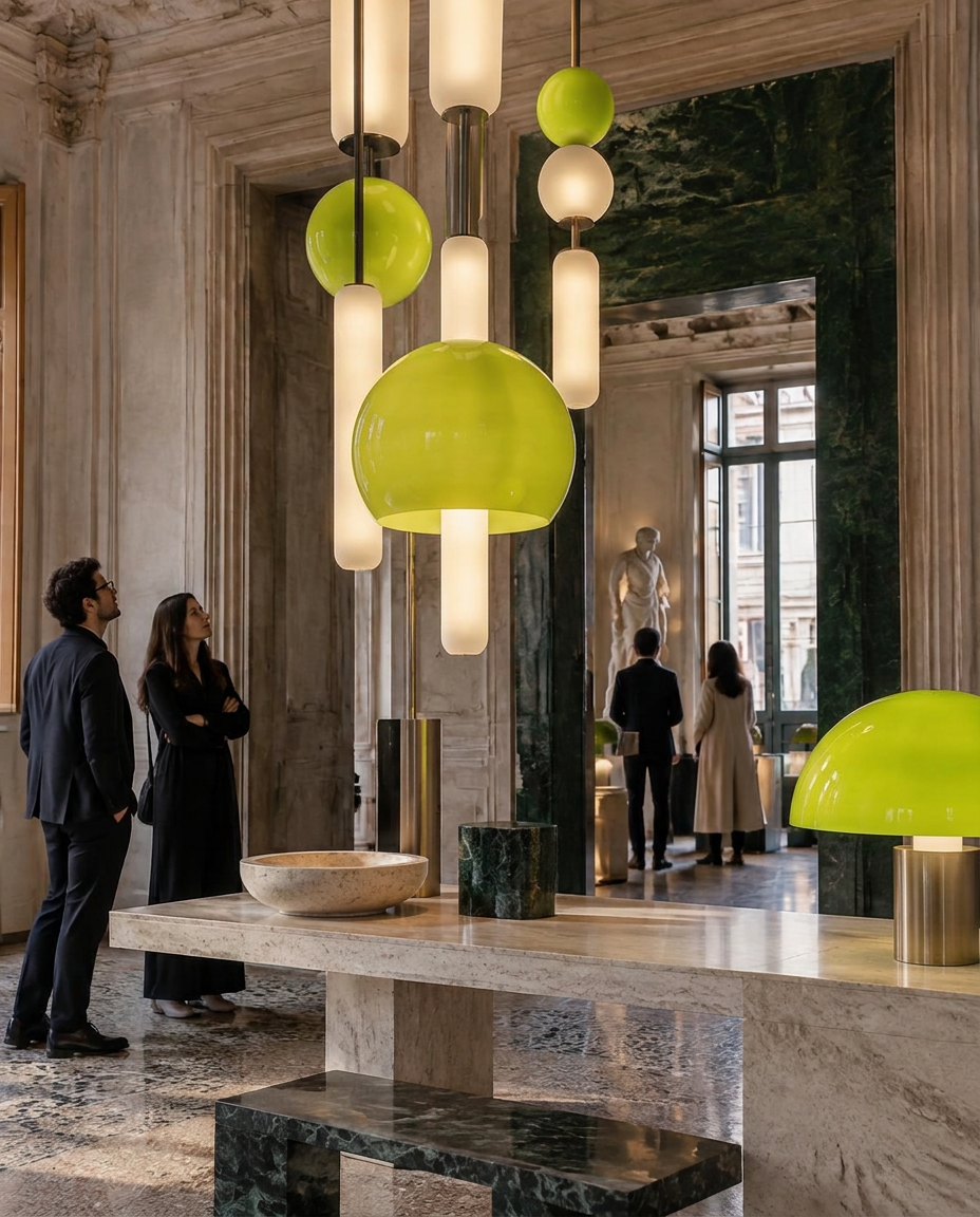 Arquitetos observam uma instalação de iluminação em Milão